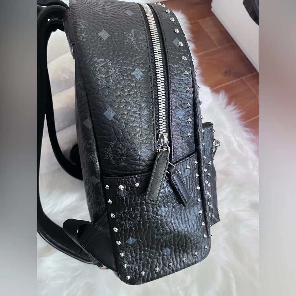 MCM Black Leather Studded Women’s Backpack with Monogram Print - Picture 10 of 16